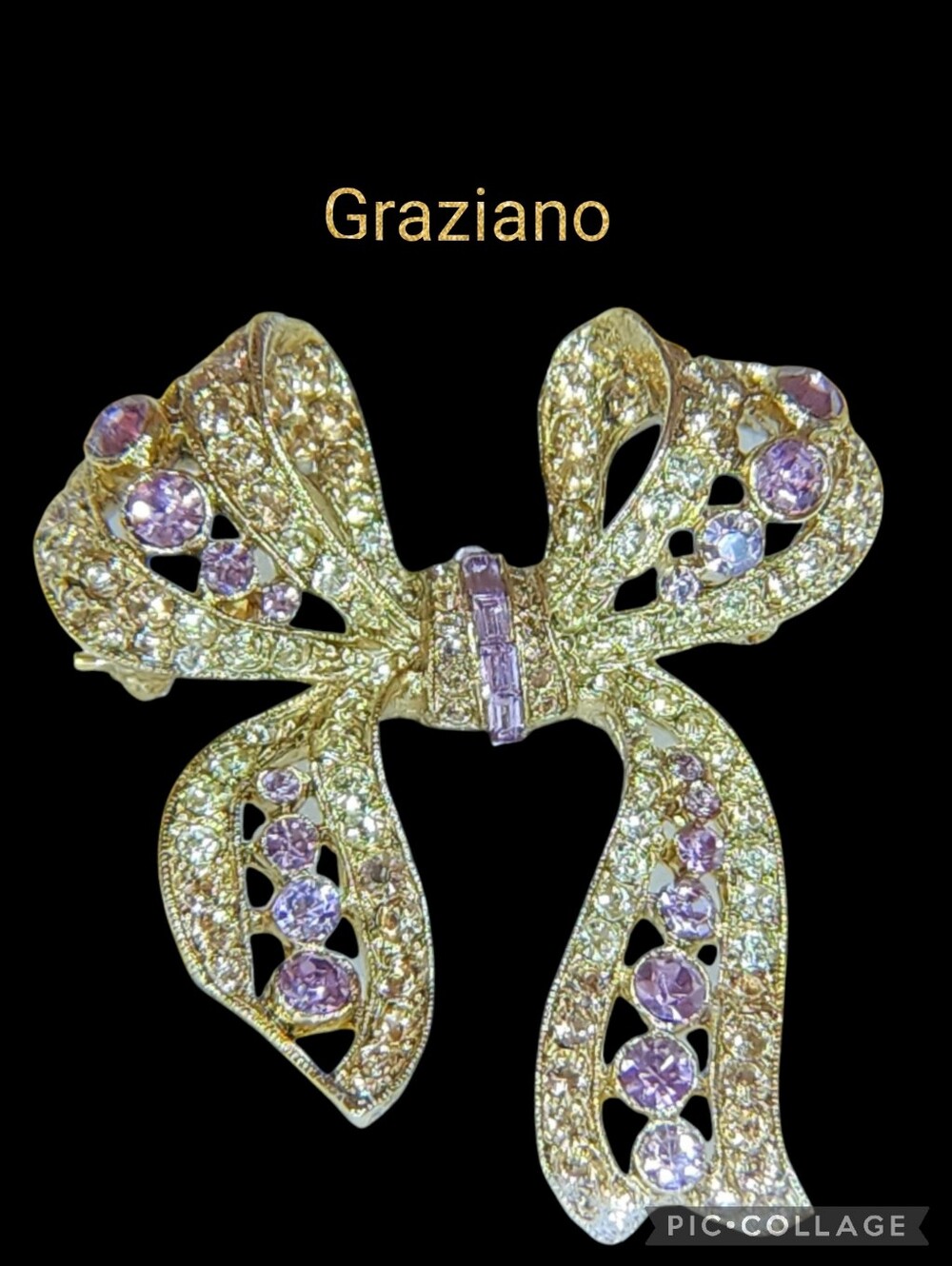 R J Graziano signed brooch gold tone bow elegant rare rhinstone colors